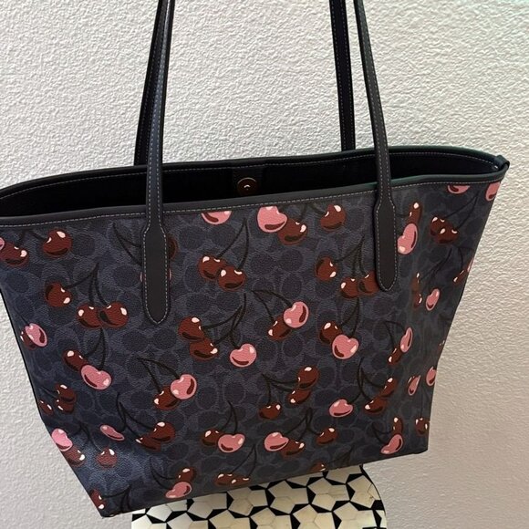 Coach Cherry Print Tote In Navy And Pink - Picture 1 of 5